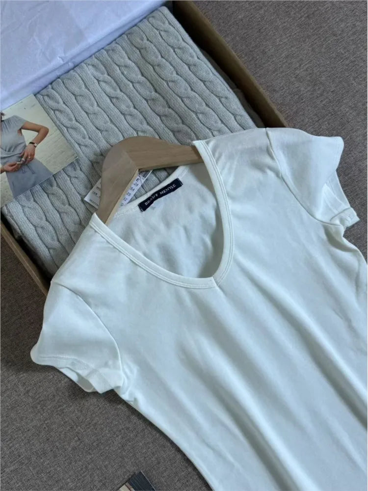 Solid V-neck Short Sleeve Tees Women Casual Streetwear Slim Cotton Tops Clothes Simple Basic Preppy Style T-shirts Y2K
