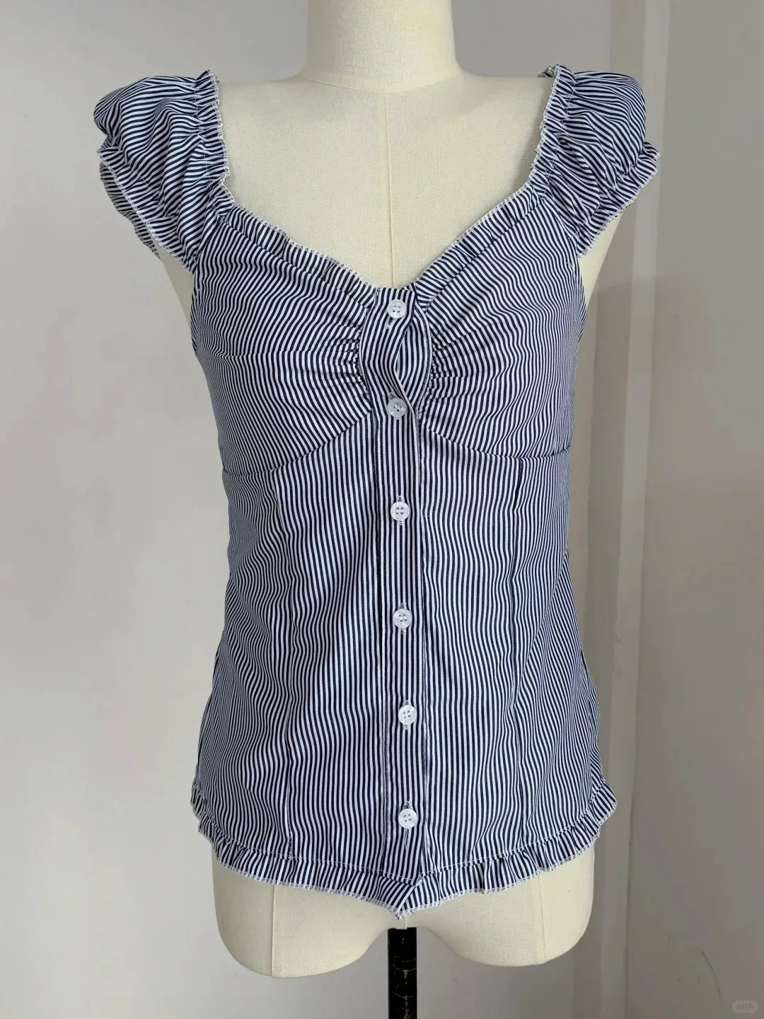 Blue Plaid Folds Blouse Top Women Casual Cotton Single Breasted Ruffle Sleeveless Tank Tops Vest Y2K Sweet Preppy Style Camisole