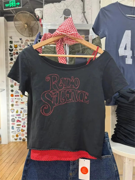 American Letter Print Crop Top Woman New Raw Hem Slash Neck Cotton Short Sleeve Tees Vintage Simple Cute T-shirts Tops Y2k
