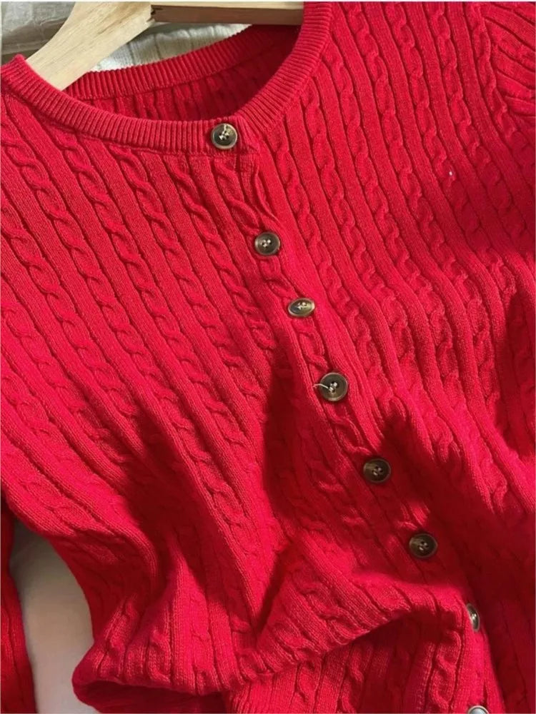 Red Twist flower Knitted Sweater Cardigan O-Neck Single Breasted Long Sleeve Slim Coat Vintage Streetwear Simple Crop Top Y2K