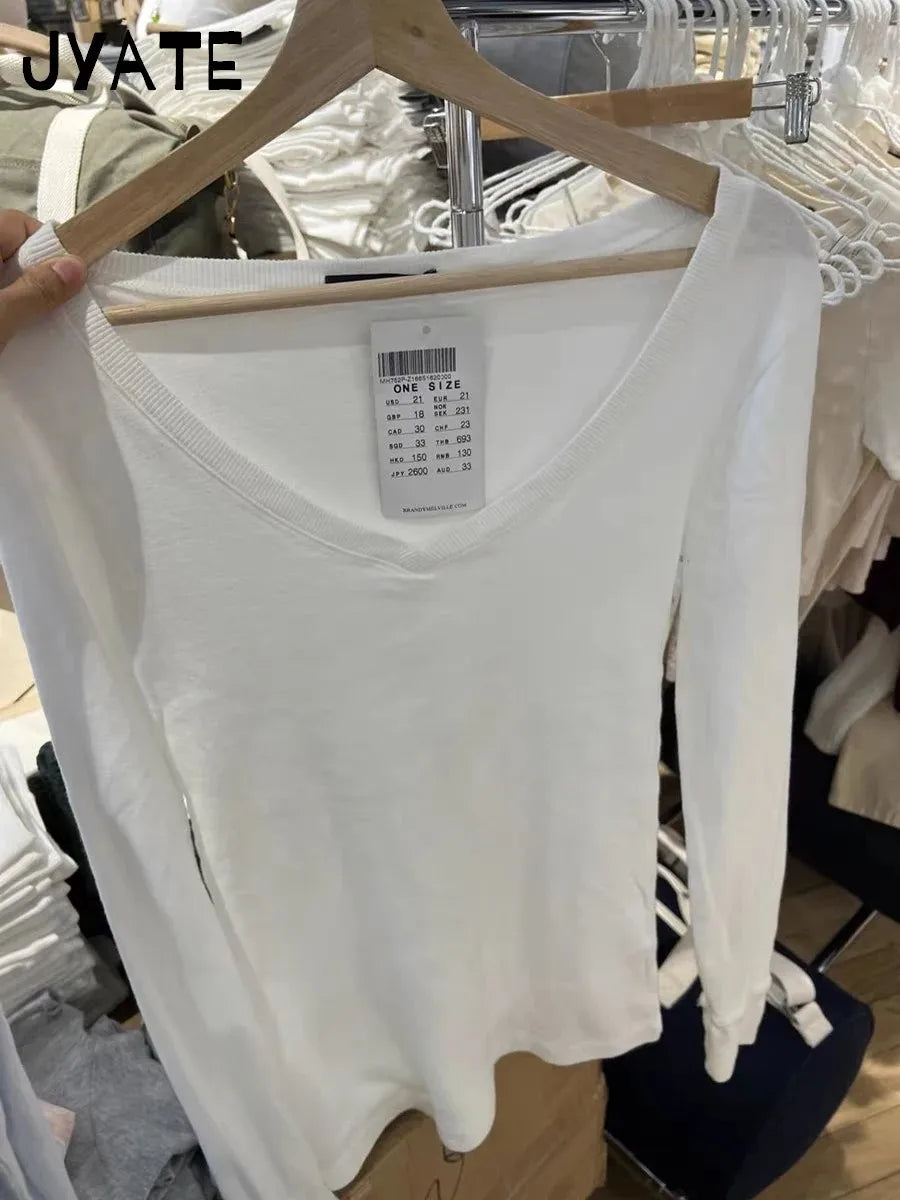 White V-neck Basic Long Sleeve Tees Women New Cotton Soft Simple Casual Slim Cute Tops Clothes Vintage Preppy Style T-shirts Y2K