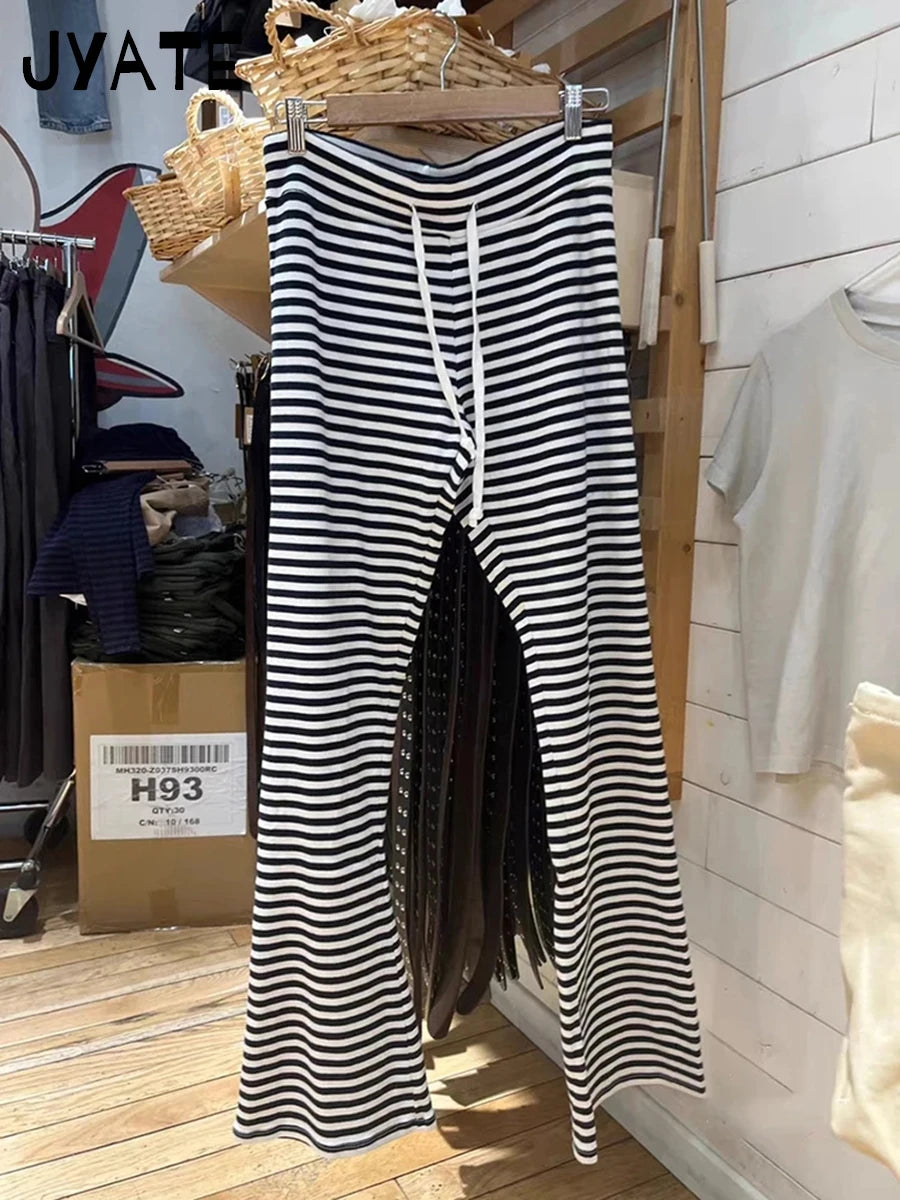 Vintage Classic Striped Drawstring Wide Leg Pants Women Cotton Soft High Waist Casual Sweatpant Harajuku Chic Sweet Trousers Y2K