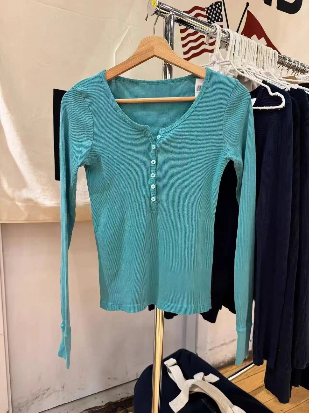 Sweet Blue Ribbed Buttons T-shirt Women Buttons O-Neck Cotton Slim Long Sleeve Tee Cute Vintage Preppy Style T Shirt Y2K Top New