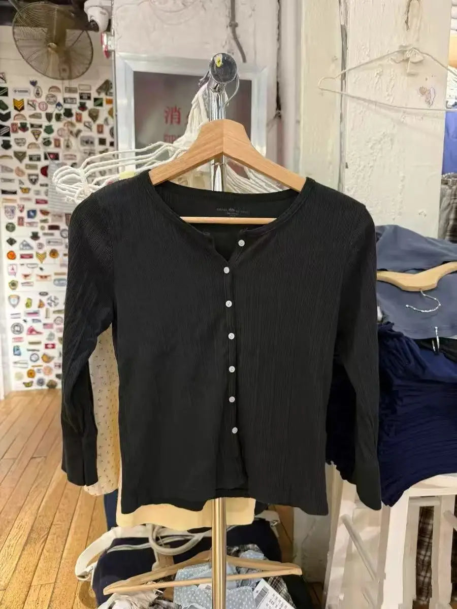 Eyelet Black Button Tops Cardigan Women New Cotton Patchwork Half Sleeve Tees Female Vintage Preppy Style Harajuku T-shirts Y2K