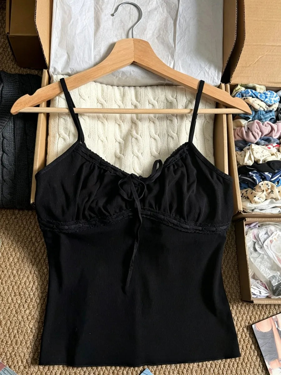 Solid Lace-up V-neck Tank Tops Women Summer Casual Lace Trim Cotton Slim Sleeveless Vests Cute Sweet Preppy Style Camisole Y2K