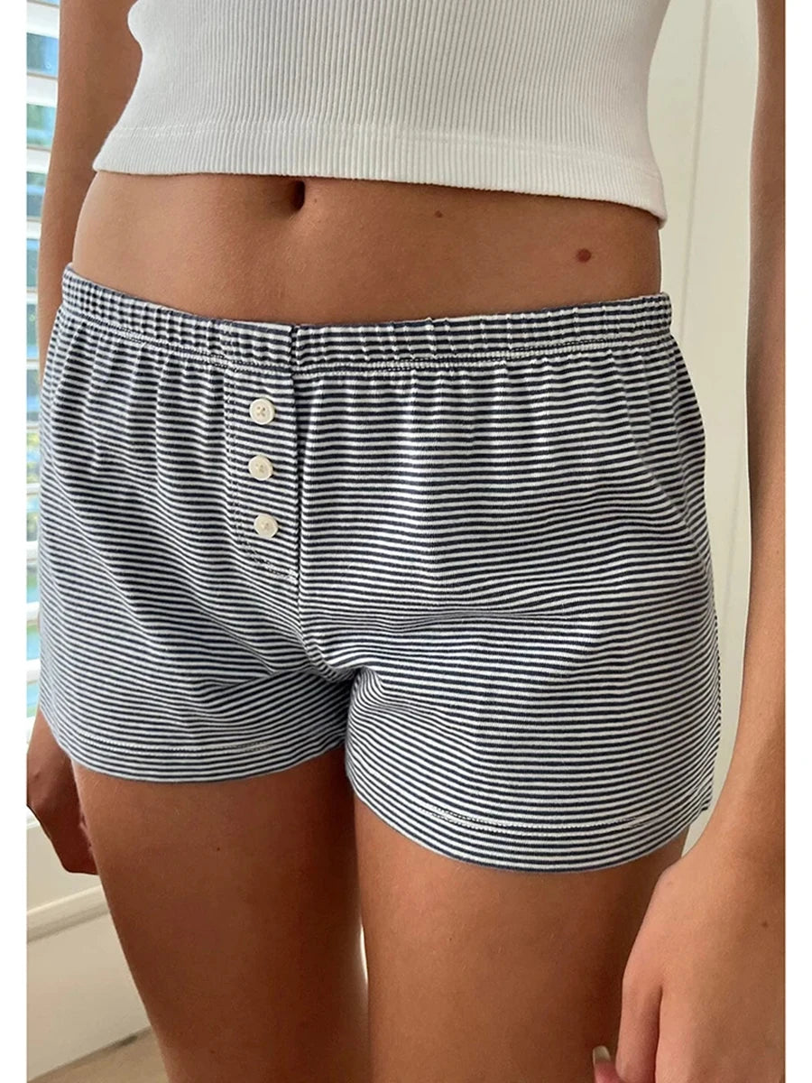 Fashion Striped Buttons Short Pants Women Summer Casual Elastic High Waist Home Underwear Vintage Cute Preppy Style Y2K Shorts