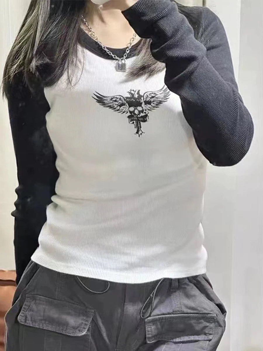 Patchwork Slim Long Sleeve Tops Women Casual Simple Cotton Letter Print Streetwear Tee Female Fashion Vintage Chic Y2K T-shirts