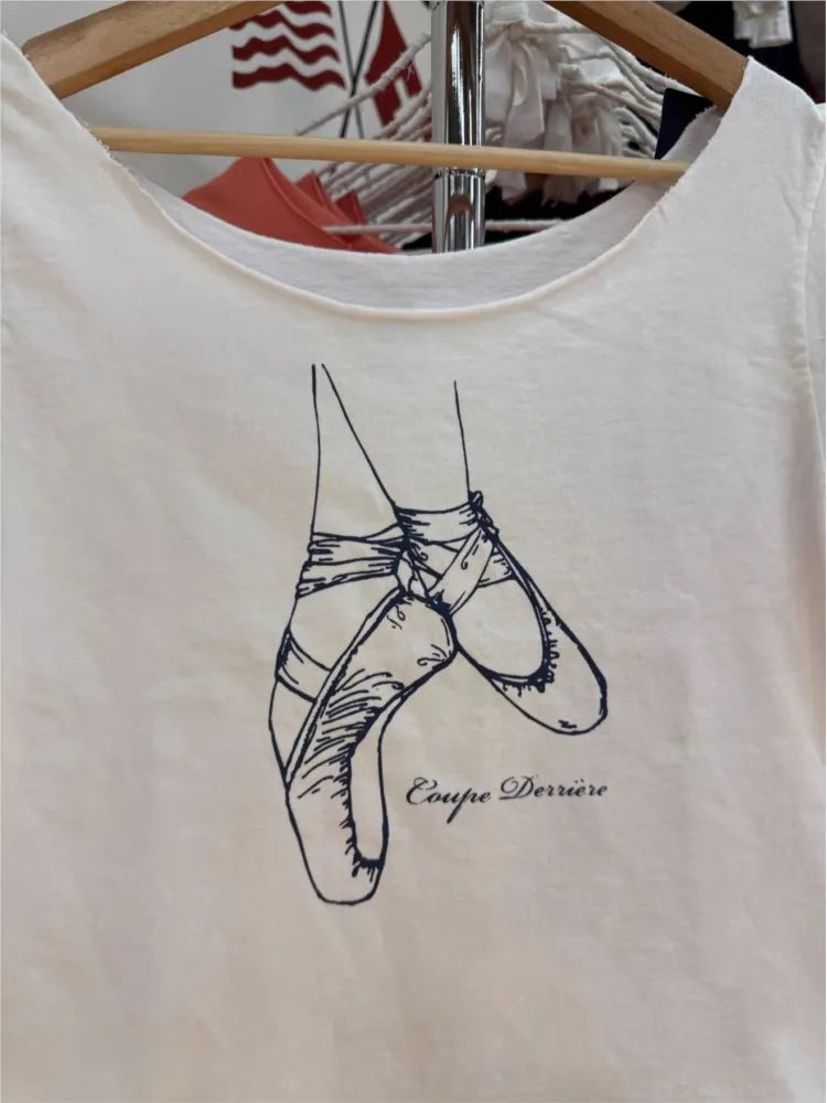 Raw Hem Slash Neck Crop Top Women Simple Ballet Shoes Print Slim Short Sleeve Tee Cute Sweet Preppy Style Cotton Tshirt Y2K