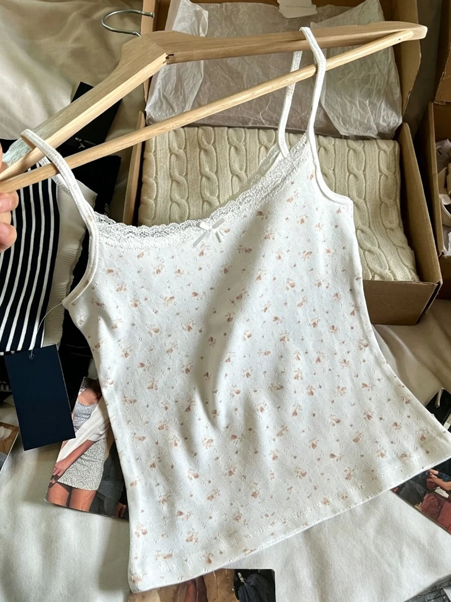 Pink Floral Print Lace Trim Tank Tops Women Summer New Cotton Bow Casual Chic Simple Camisole Girl Sweet Cute Vintage Vests Y2K