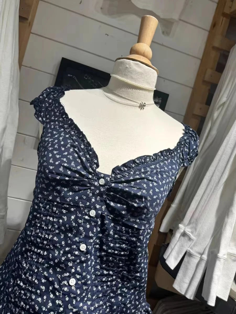 Navy Floral Folds Ruffle Sleeveless Tank Tops Women Summer New Single Breasted Blouse Top Vest Vintage Sweet Preppy Style Camis