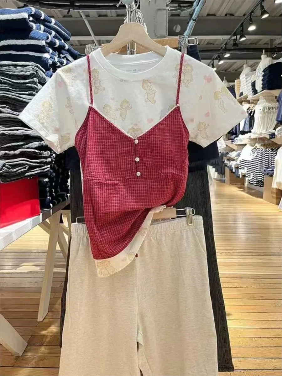Vintage Red Plaid Buttons V-neck Camis Women Summer Casual Lace Trim Slim Simple Sleeveless Vests Sweet Preppy Style Tank Tops