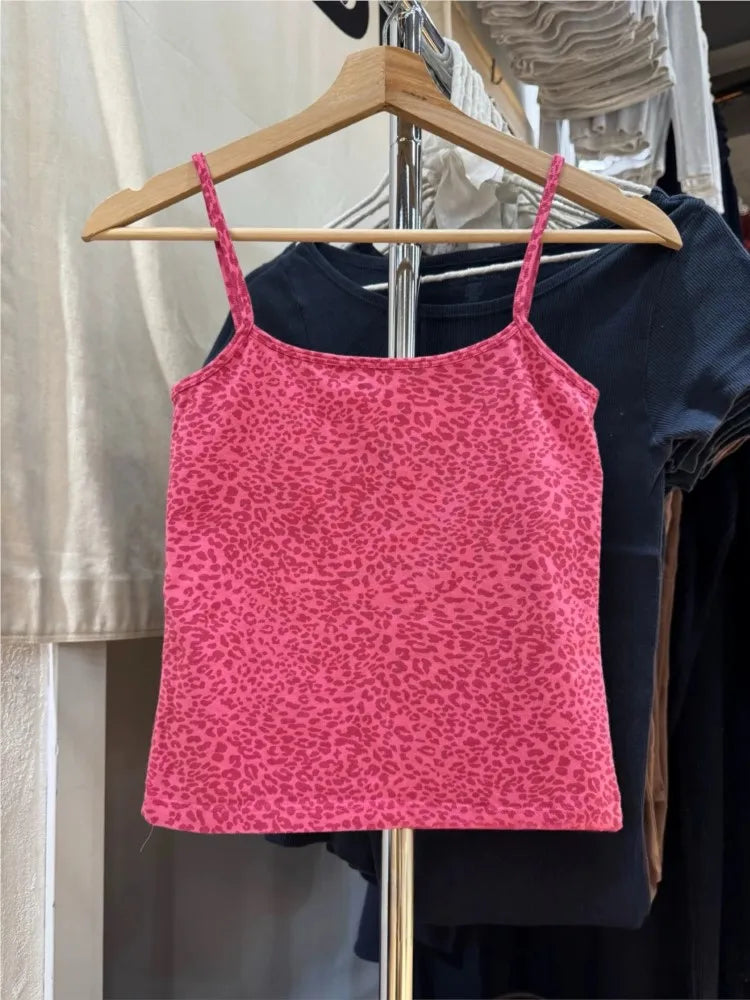 Leopard Print Vest Shorts Set Women Cotton Slim Crop Top+Elastic Waist Short Pant Vintage Sweet Home Pajama 2 Piece Sets Y2K New