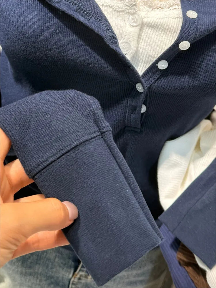 Navy Six ButtonsT-shirts Women Autumn New Round Neck Cotton Ribbed Slim  Long Sleeve Tee Top Casual Vintage Chic Tshirt Y2k Tops