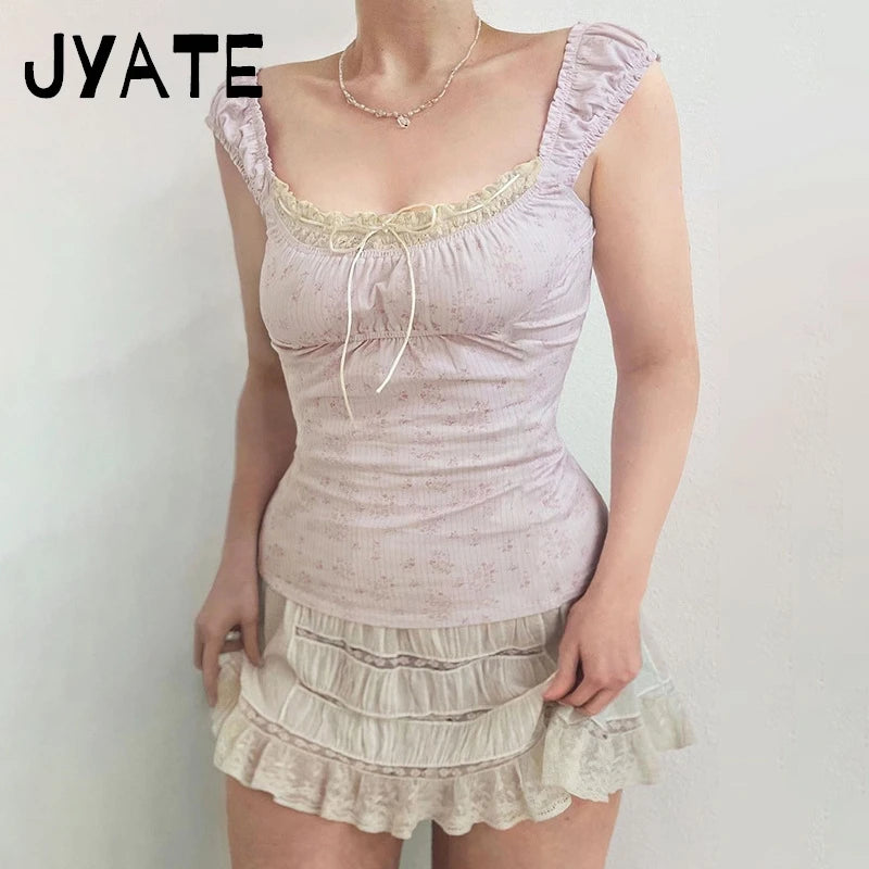 Floral Square Neck Lace-up Tank Tops Women Summer New Casual Preppy Style Slim  Sleeveless Vests Sweet Cute Vintage Camisole Y2K