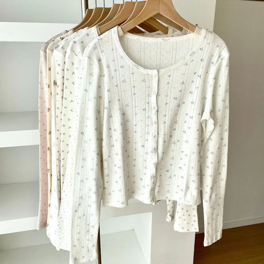 Floral Print Long Sleeve Cardigan Tees Women Casual Simple Basic Cotton Eyelet Slim Button T-shirts Vintage Sweet Chic Tshirts