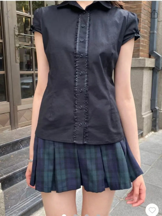 Black Lace Trim Buttons Blouse Tees Women Summer New Sweet Harajuku Bow Short Sleeve Tops Vintage Preppy Style Chic T-shirts Y2K