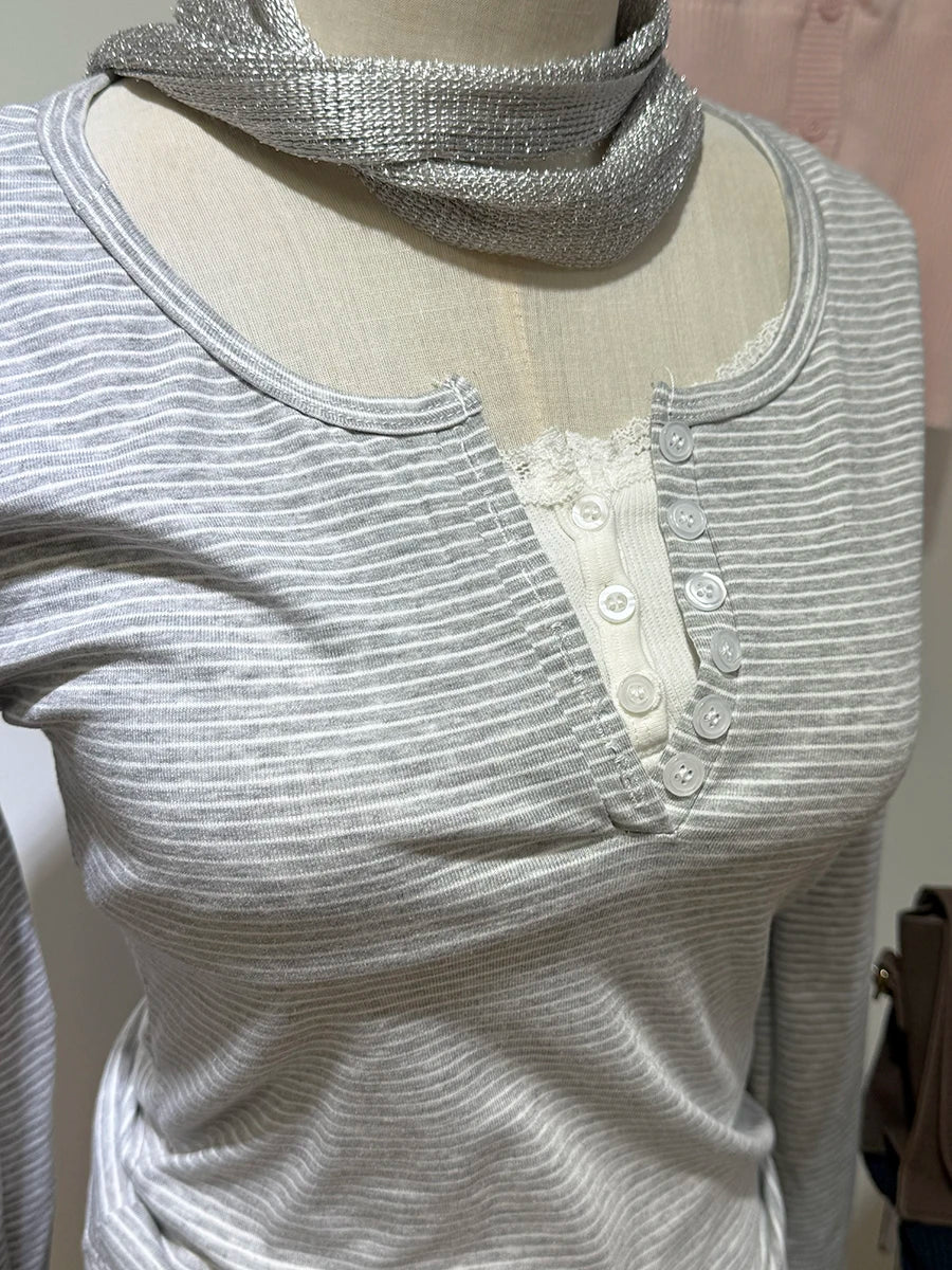 Gray Striped Long Sleeve Zelly Tops Women Autumn New Casual Simple Slim Buttons Tees Vintage Chic Preppy Style T-shirts Top y2k