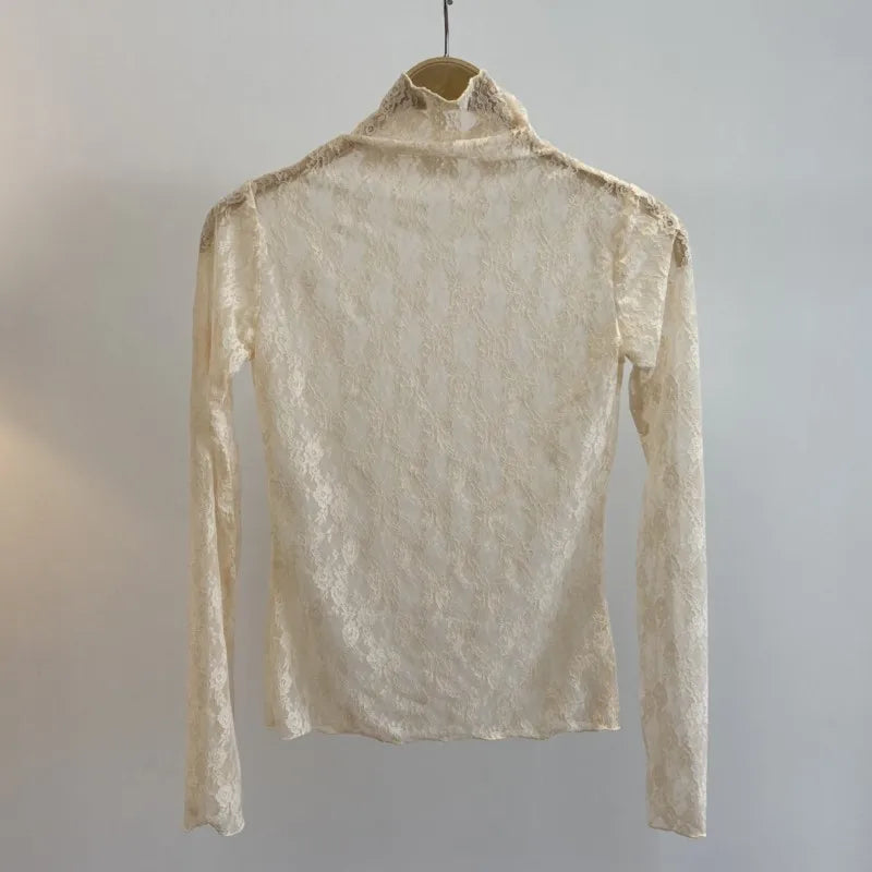 Sexy See-through Long Sleeve Tees Women New Street Slim Half turtleneck Lace Floral T-shirts Vintage Chic Party Tops Y2K Tshirts