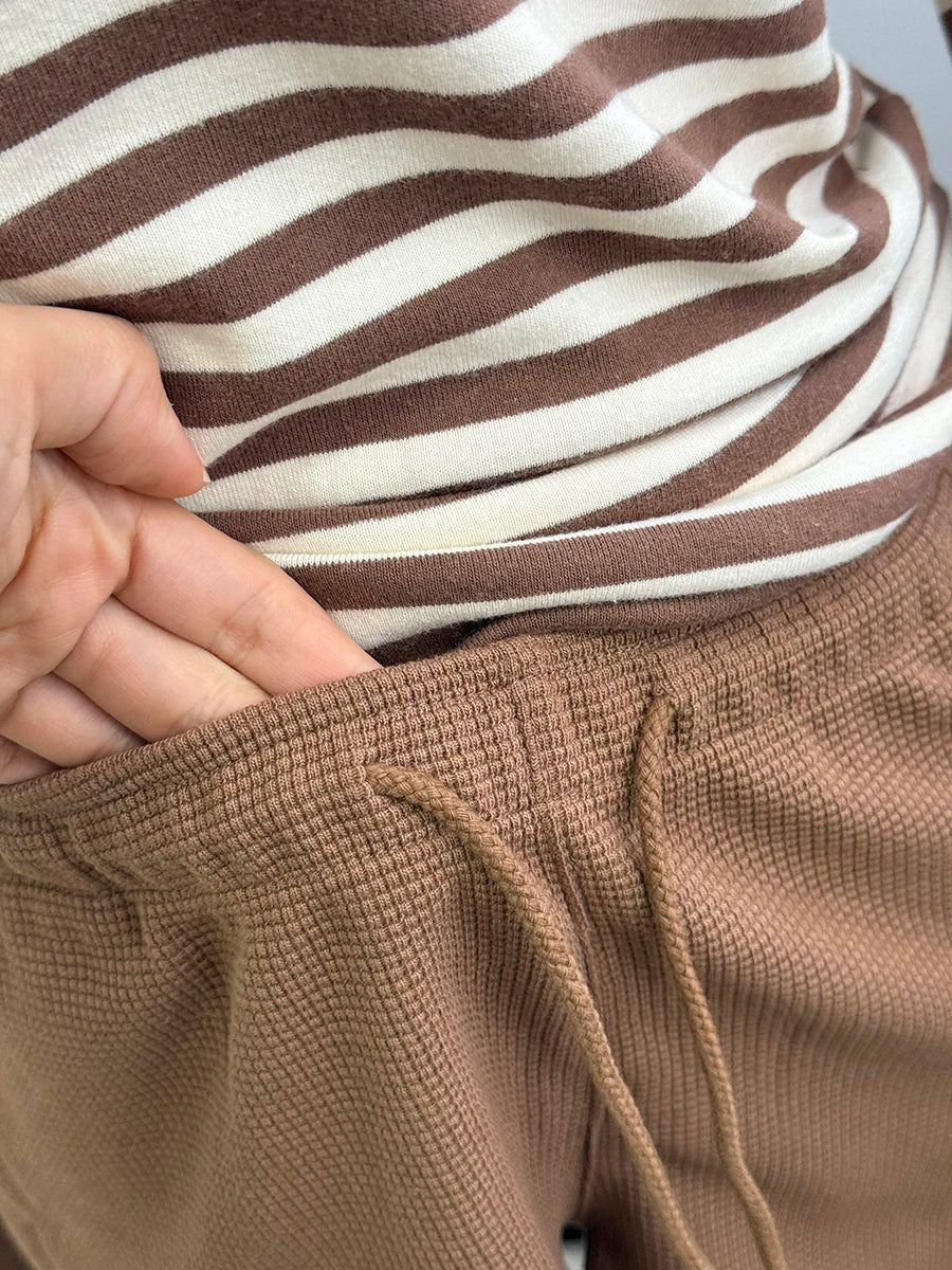Brown Chic 2 Piece Sets Women Cute Cotton Slim Striped Long Sleeve Tee+Waffle Shorts Pant Female Sweet Cute Two Piece Sets Y2K