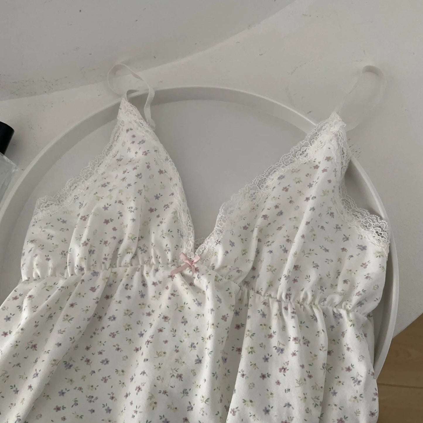 Floral Print V-neck Tank Tops Women Summer New Lace Trim Bow Casual Pajama Sleeveless Vests Sweet Cute Preppy Style Camisole Y2K