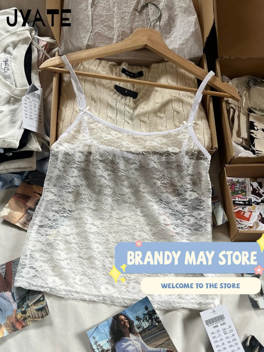 Sexy Lace Hollow Out Bow Solid Tank Tops Women New Casual Streetwear Square Neck Sleeveless Vest Sweet Vintage Chic Camisole Y2K