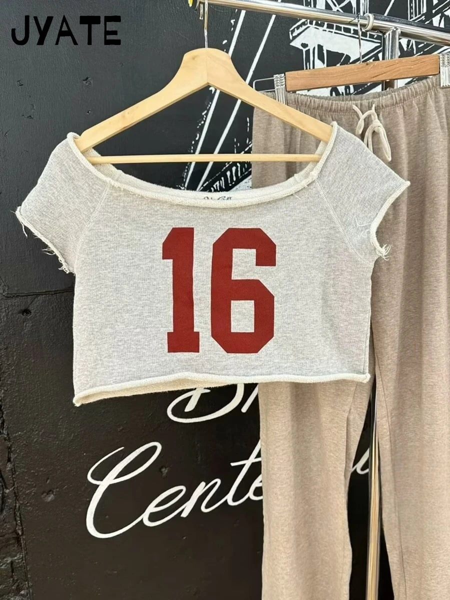Letter Print Slash Neck T-shirts Women Summer New Black Raw Hem Cotton Short Sleeve Tees Vintage Cute Harajuku Tshirt Y2K Tops