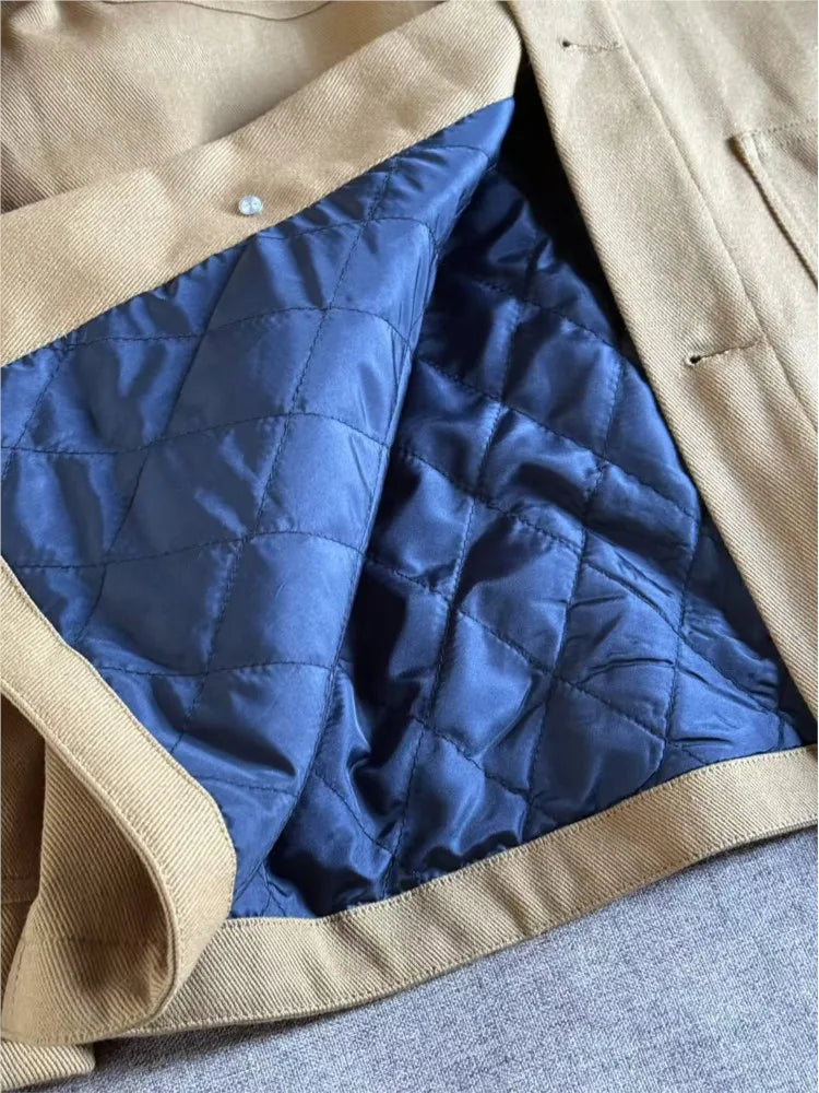 Korean Style Lapel Quilted Coat Women Winter New Retro  Loose Casual Long Sleeve Cardigan Coats Vintage Chic Preppy Style Jacket