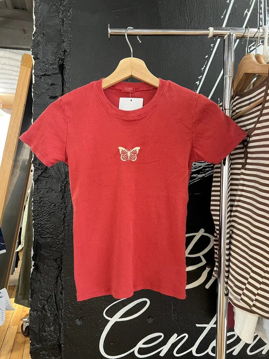 Vintage Red Letter Flag Embroidery Cotton T-shirt Women O-neck Summer Short Sleeve Tee Shirt American Slim Casual Crop Y2K Top