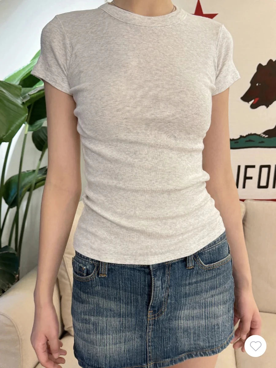 Solid O-neck Short Sleeve Tees Women Summer Casual Slim Simple Basic Cotton Soft T-shirts Preppy Style All-match Tops Y2K