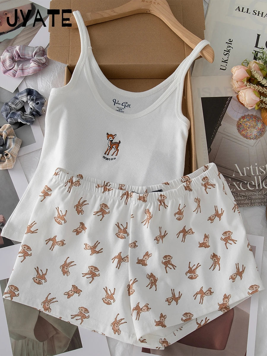 Little Deer Vest Shorts 2 Pieces Set Women Lace Trim Bow Slim Tank Top+Buttons Patchwork Straight Short Pant Sweet Suit Sets Y2K