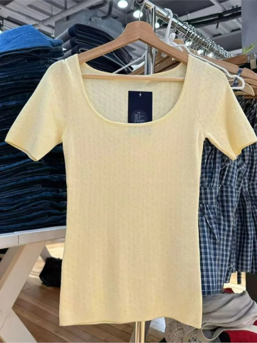 Yellow Eyelet Short Sleeve Tees Women Summer New Cotton Soft Casual Simple Square Collar T-shirts Preppy Style Sweet Cute Tops
