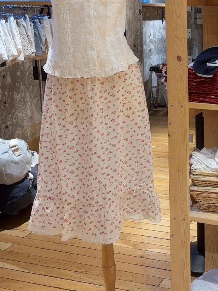Rose Floral High Waist A-line Skirt Women Summer New Streetwear Casual Preppy Style  Mini Skirts Sweet Cute Vintage Falas