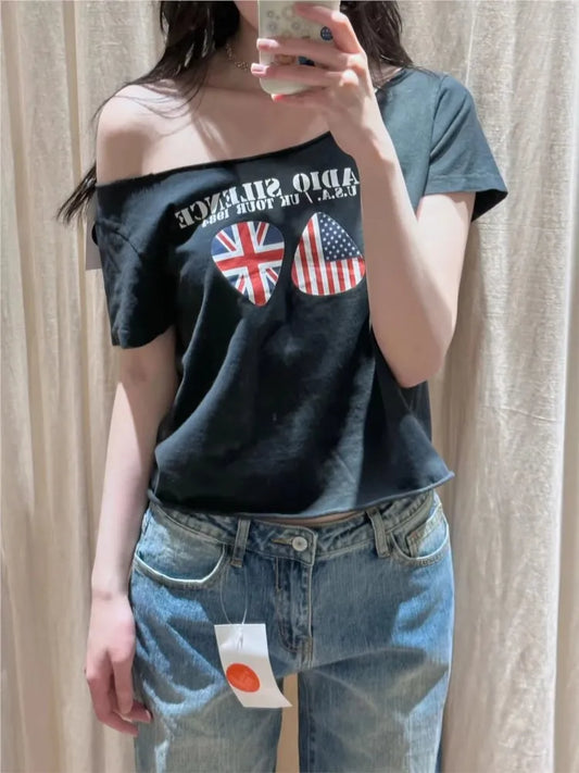 American Flag Letter Print Crop Top Woman New Raw Hem Slash Neck Cotton Short Sleeve Tees Vintage Simple Cute T-shirts Tops Y2k