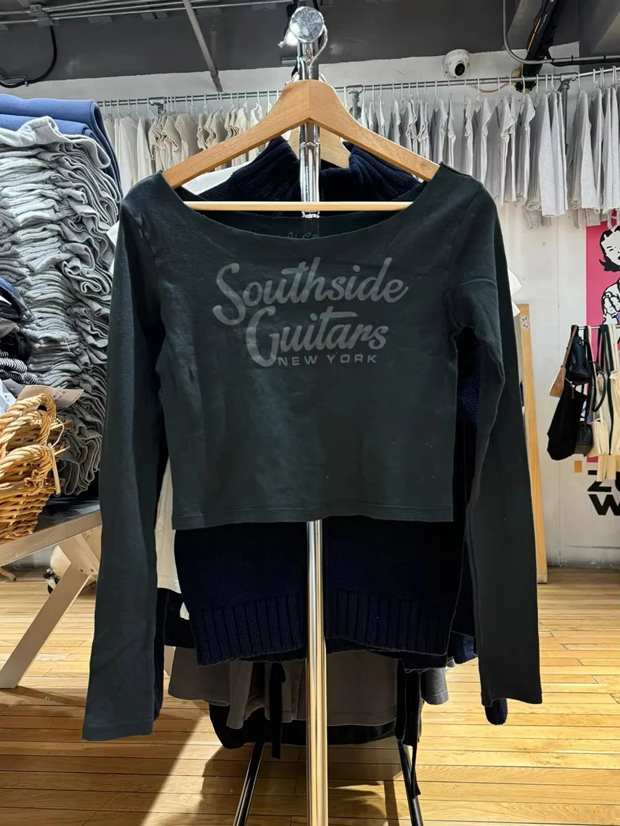 Harajuku Letter Print Slim Long Sleeve T-shirts Women Sexy Slash Neck Cotton Cropped Tees American Vintage Streetwear Crop Top