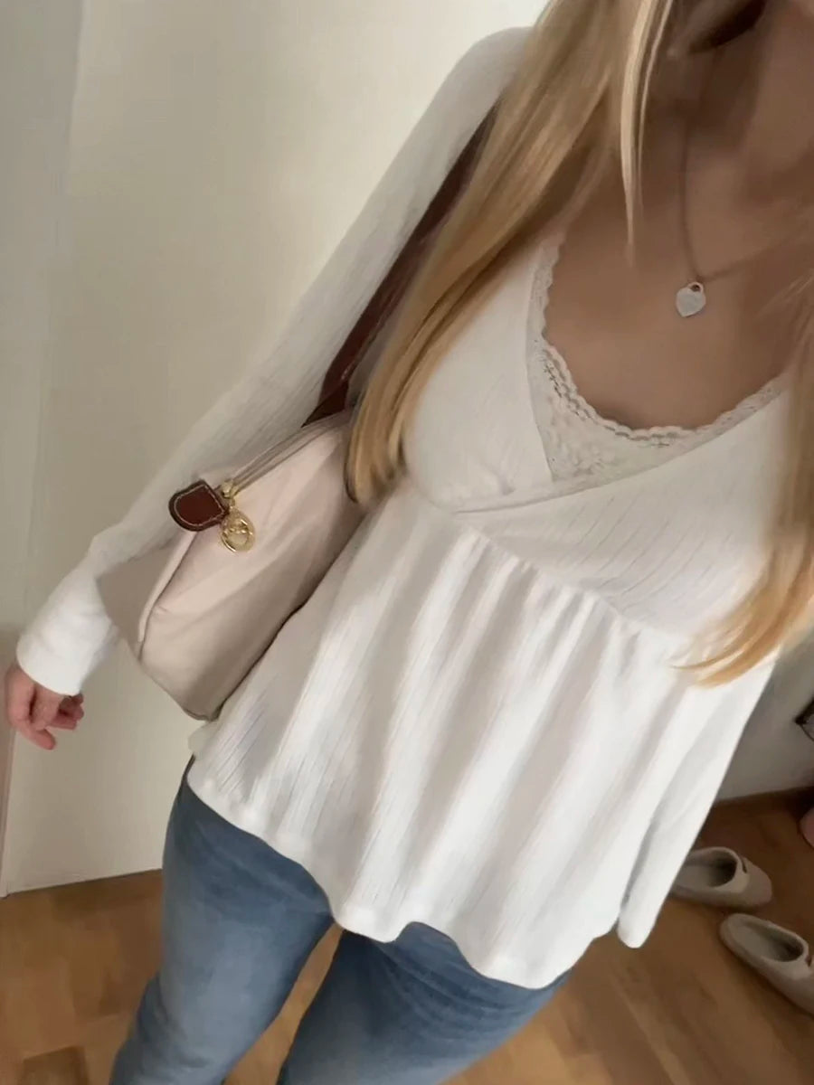 Sexy Lace Trim V-neck Long Sleeve Tees Women Spring Casual All-match Simple Slim Babydoll Top Sweet Cute Preppy Style T-shirts