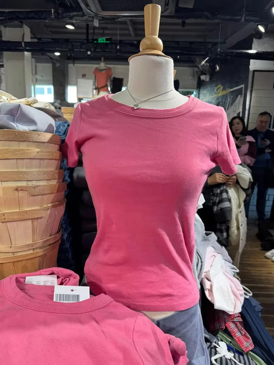 Rose Red Round Neck T-shirt Women Summer Simple Basic Slim Short Sleeve Cotton Classic Tees Female Streetwear Y2K Sweet Crop Top