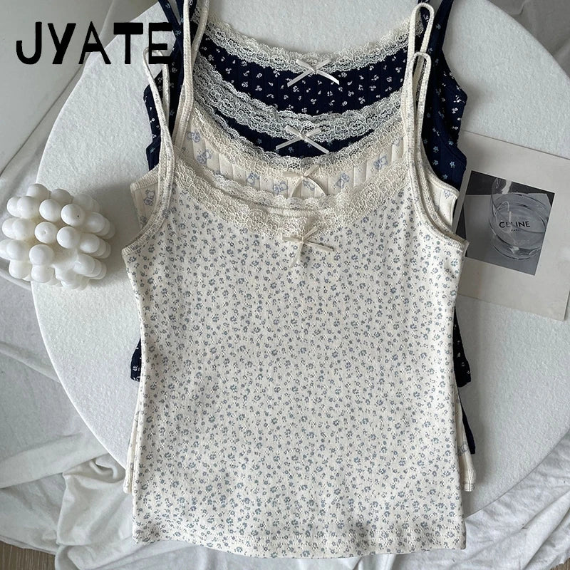 Lace Trim Floral Eyelet Tank Tops Women New Summer Cotton Bow Slim Preppy Style Cropped Vests Sweet Vintage Chic Camisole Y2K