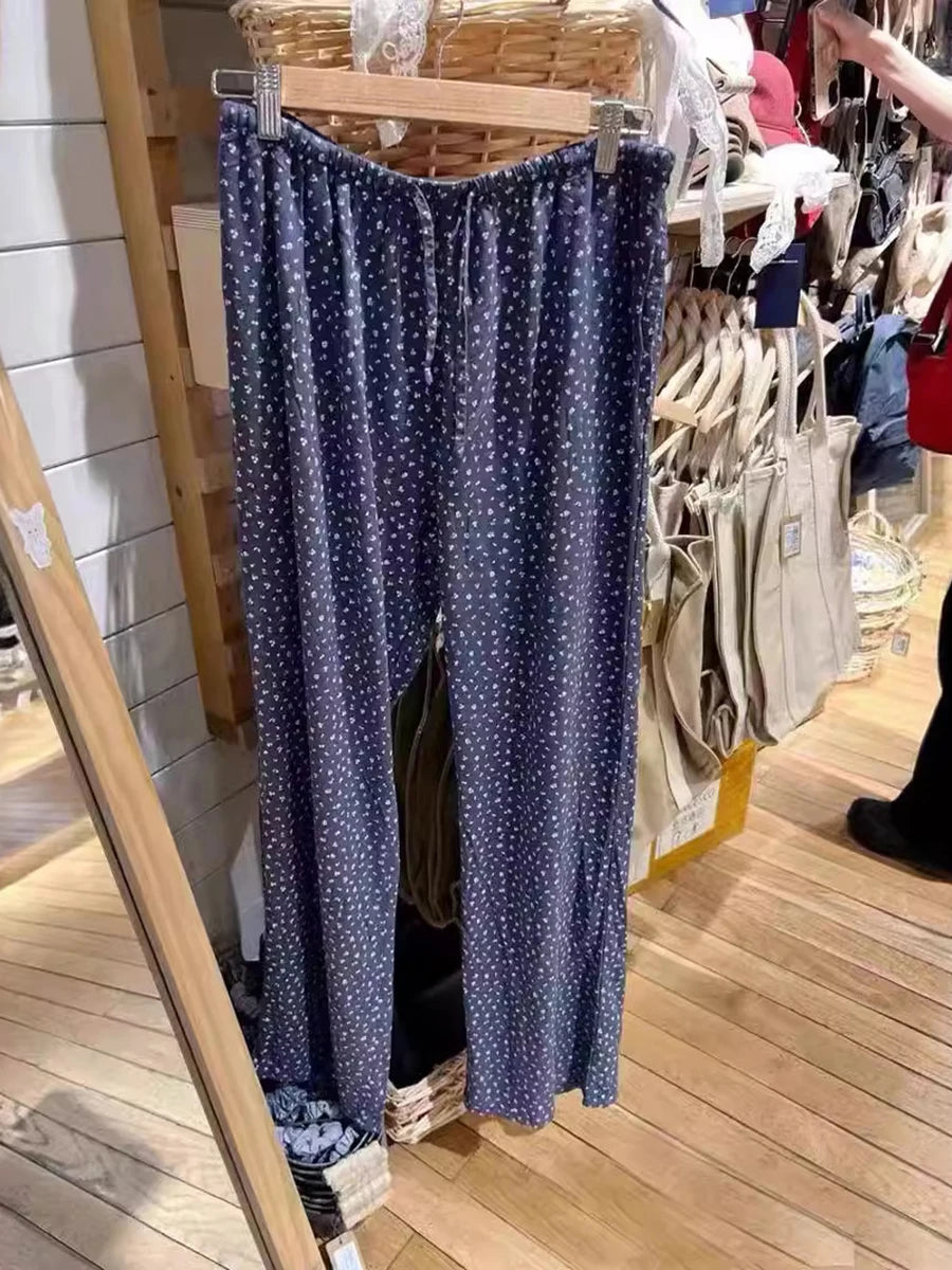 Floral Print Casual Long Pants Women New Chic Cotton Soft Simple Elastic High Waist Trousers Vintage Sweet Cute Sweatpants Y2K