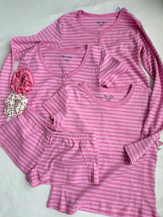 Pink Striped Buttons Long Sleeve T-shirt Shorts Set Women Cotton Home Pajama 2 Piece Sets Slim Tees+Elastic Straight Sweatshort