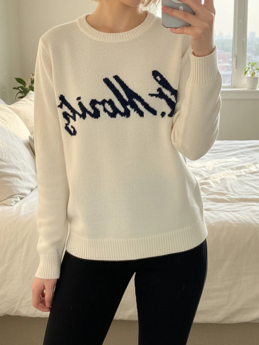 Fashion Letter Jacquard Sweaters Women Autumn O-neck Long Sleeve Cotton Jumper Simple Preppy Style Cute Pullover Sweater Tops