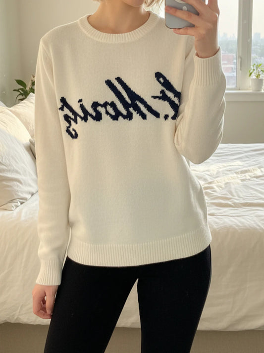 Fashion Letter Jacquard Sweaters Women Autumn O-neck Long Sleeve Cotton Jumper Simple Preppy Style Cute Pullover Sweater Tops