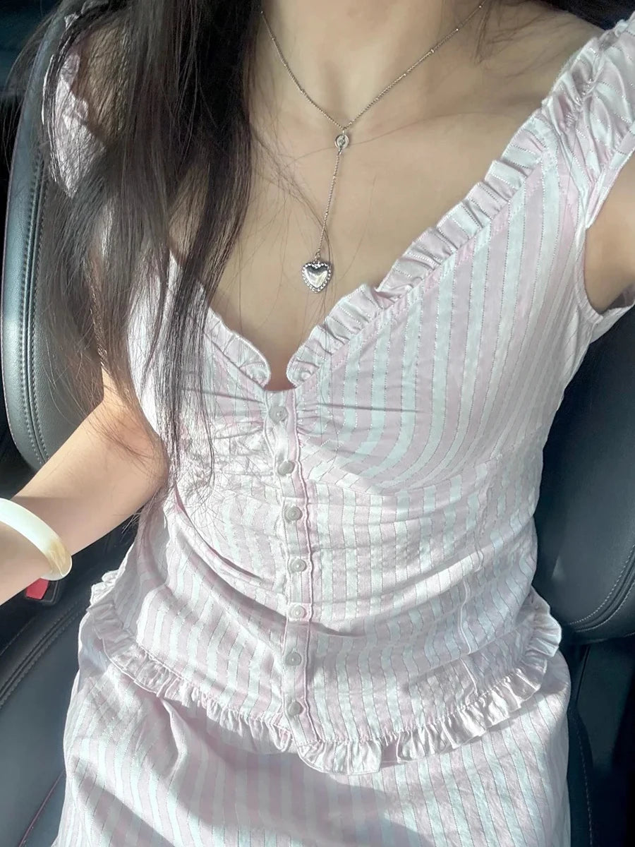 Blue Striped Folds Blouse Top Women New Casual Single Breasted Ruffle Sleeveless Tank Tops Vest Sweet Preppy Style Camisole Y2K