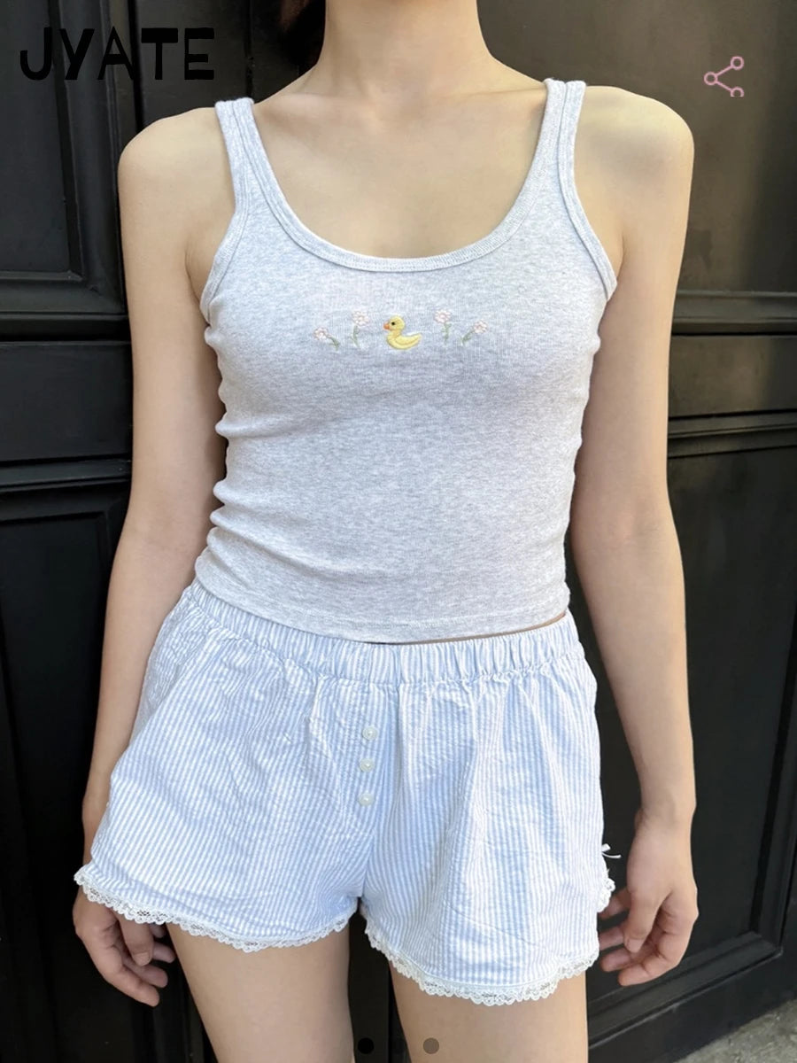 Little Yellow Duck Embroidered Tank Tops Women New Cotton U-neck Cute Chic Flower Graphic Vests Sweet Preppy Style Camisole Y2K
