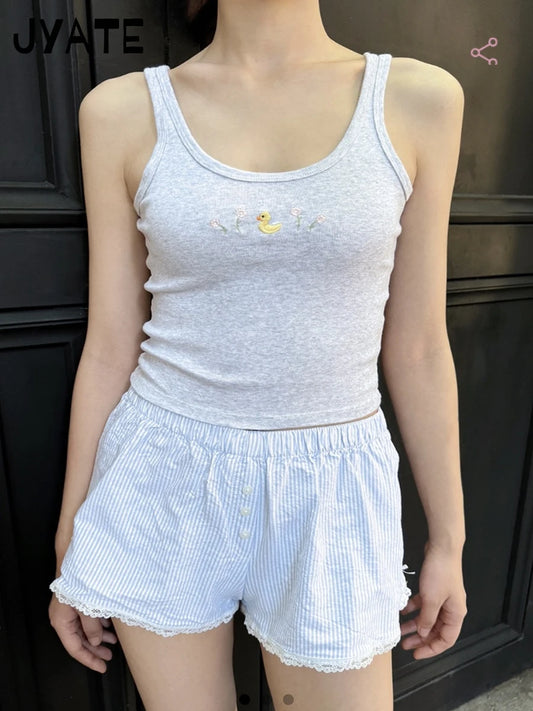 Little Yellow Duck Embroidered Tank Tops Women New Cotton U-neck Cute Chic Flower Graphic Vests Sweet Preppy Style Camisole Y2K