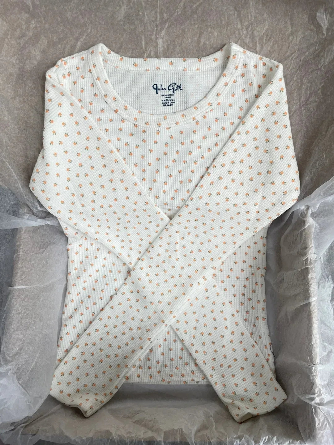 Floral Print Waffle T-Shirt Women Autumn Buttons Round Neck Cotton Slim Long Sleeve Tee Top Vintage Cute Preppy Style Y2K Tshirt