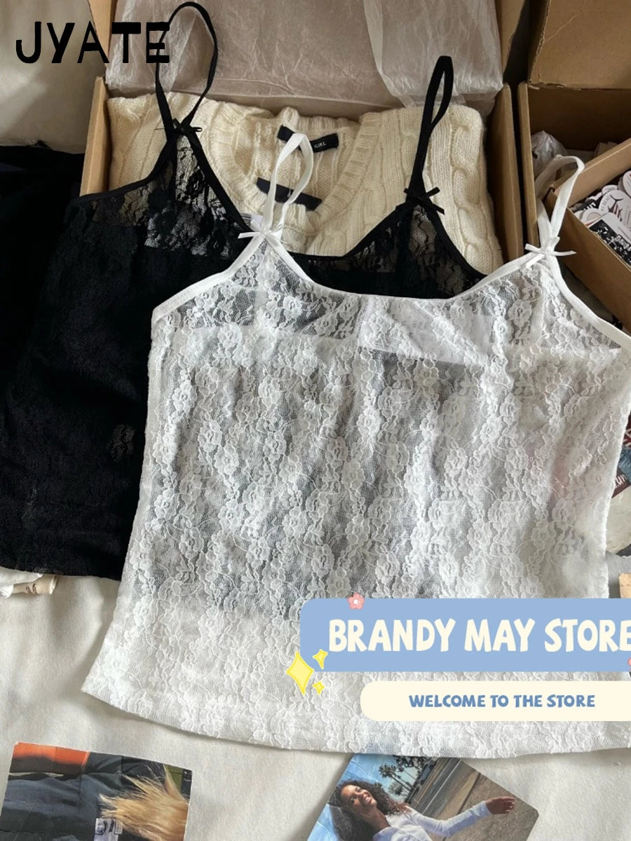 Lace Transparent Sexy V-neck Camisole Women New Streetwear Bow Thin Jacquard Sleeveless Vests Vintage Sweet Chic Tank Tops Y2K