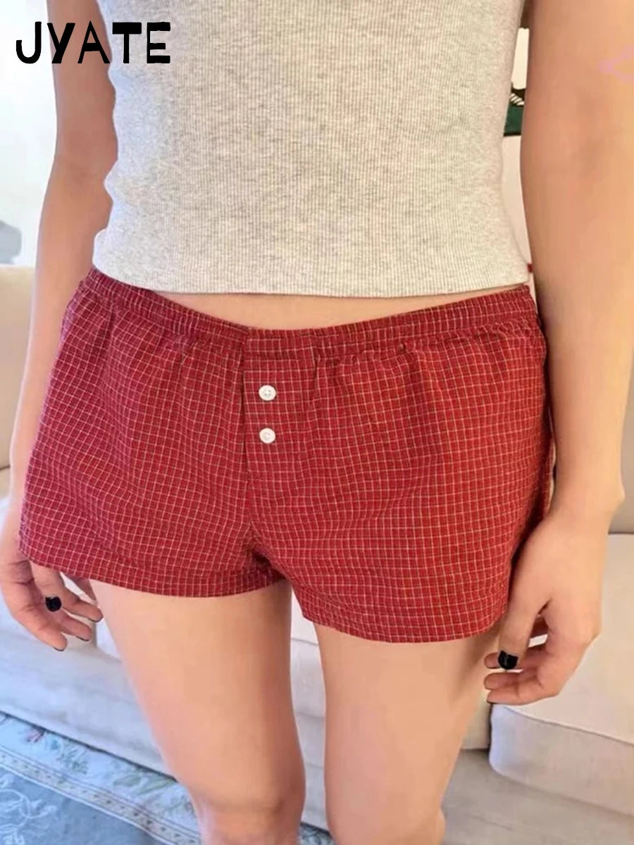 Red Plaid Ruffle Tank Shorts Sets Women V-neck Fold Slim Camisole+Loose Sweatshorts Cute Sweet Vintage Home 2 Piece Outfits New