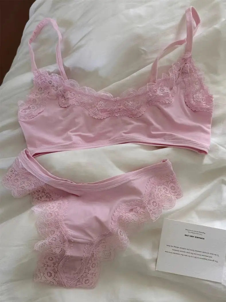 Pink Lace Bra Set Woman Adjusted-strap Seamless Bras+Low Waist Panties Female Casual Simple Solid High Elasticity Lingerie Sets