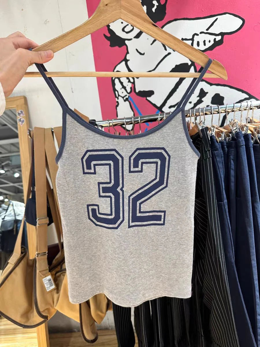 Streetwear 32 Print Gray Slim Crop Top Women New Summer Sleeveless Cotton Cropped Camis American Vintage Tank Tops Y2k Clothes