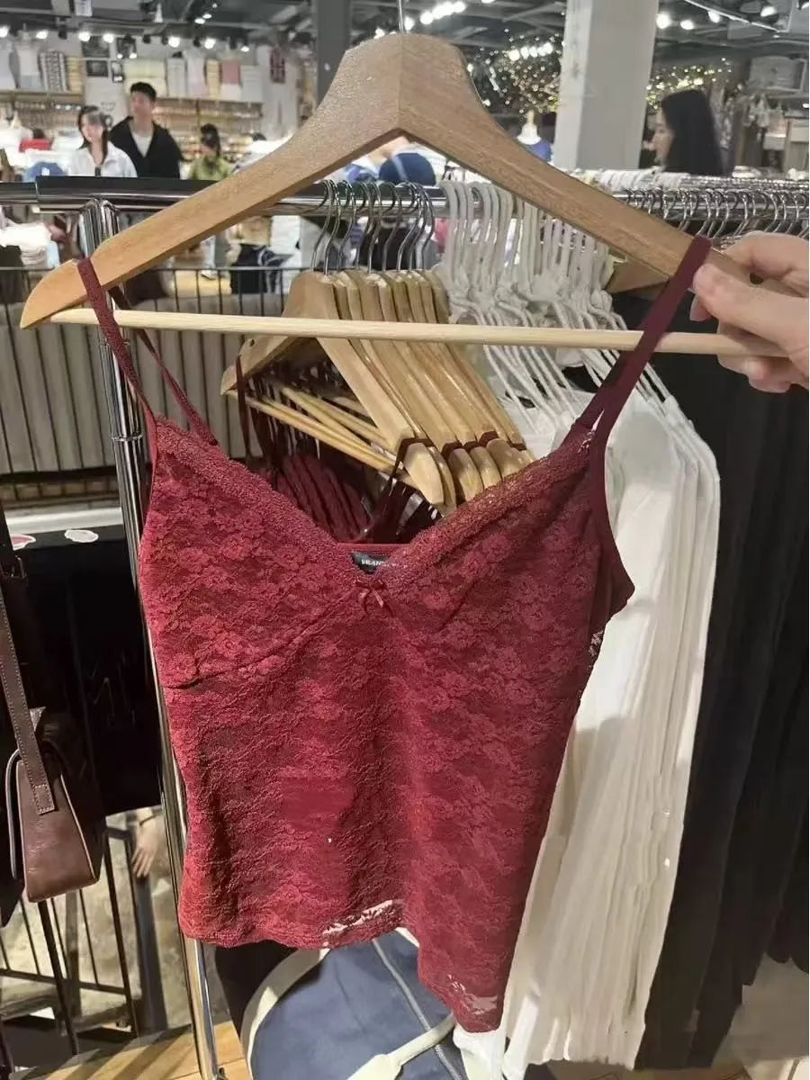 Claret Lace Bow V-Neck Tank Top Summer Sleeveless Thin Slim Sleeveless Vest Women Sweet Vintage Streetwear Sexy Crop Tops Y2k